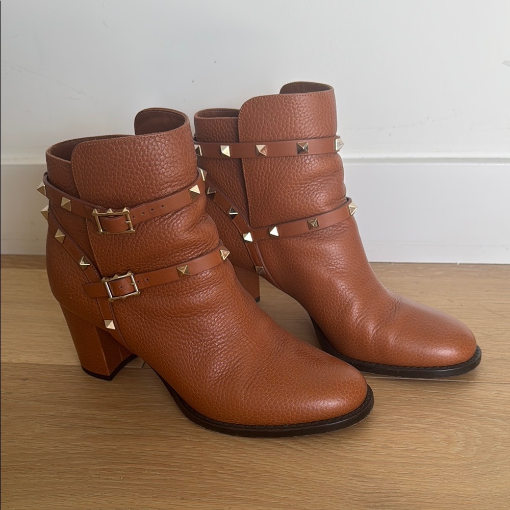 Valentino Garavani Tan Ankle Boots with Studded Accents